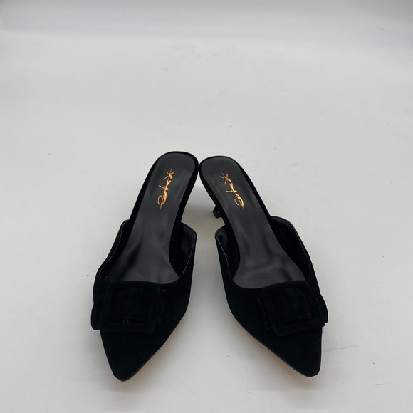 XYD Black Pointy Toe Kitten Heel Mules - Picture 2 of 10